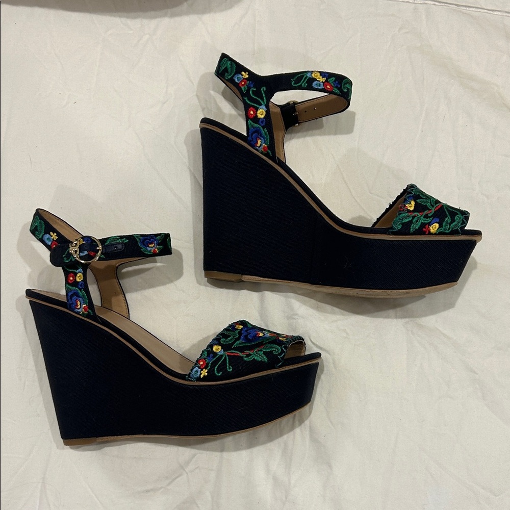 Tory Burch Sonoma Embroidered Navy Platform Sandal Wedge